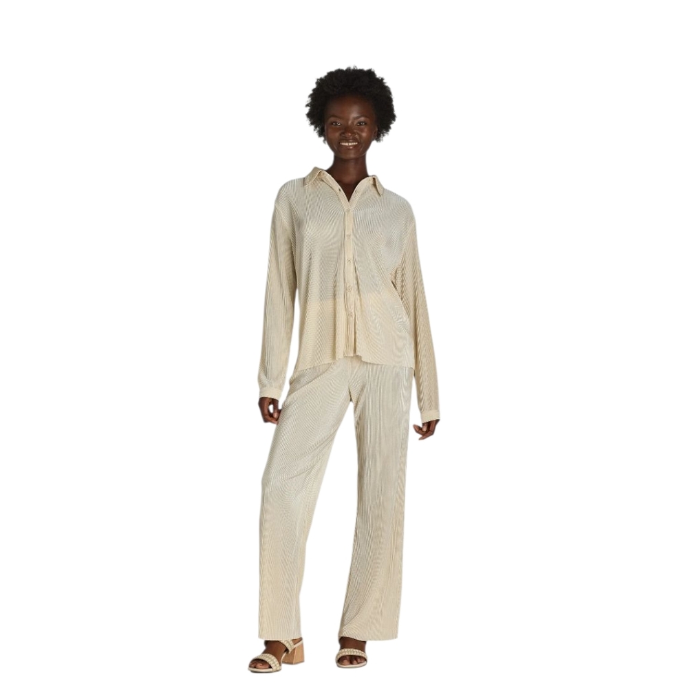Nine.Eight 3X/2X Plus Size Plisse Pleat Shirt & Pant Set Cream Color Loungewear